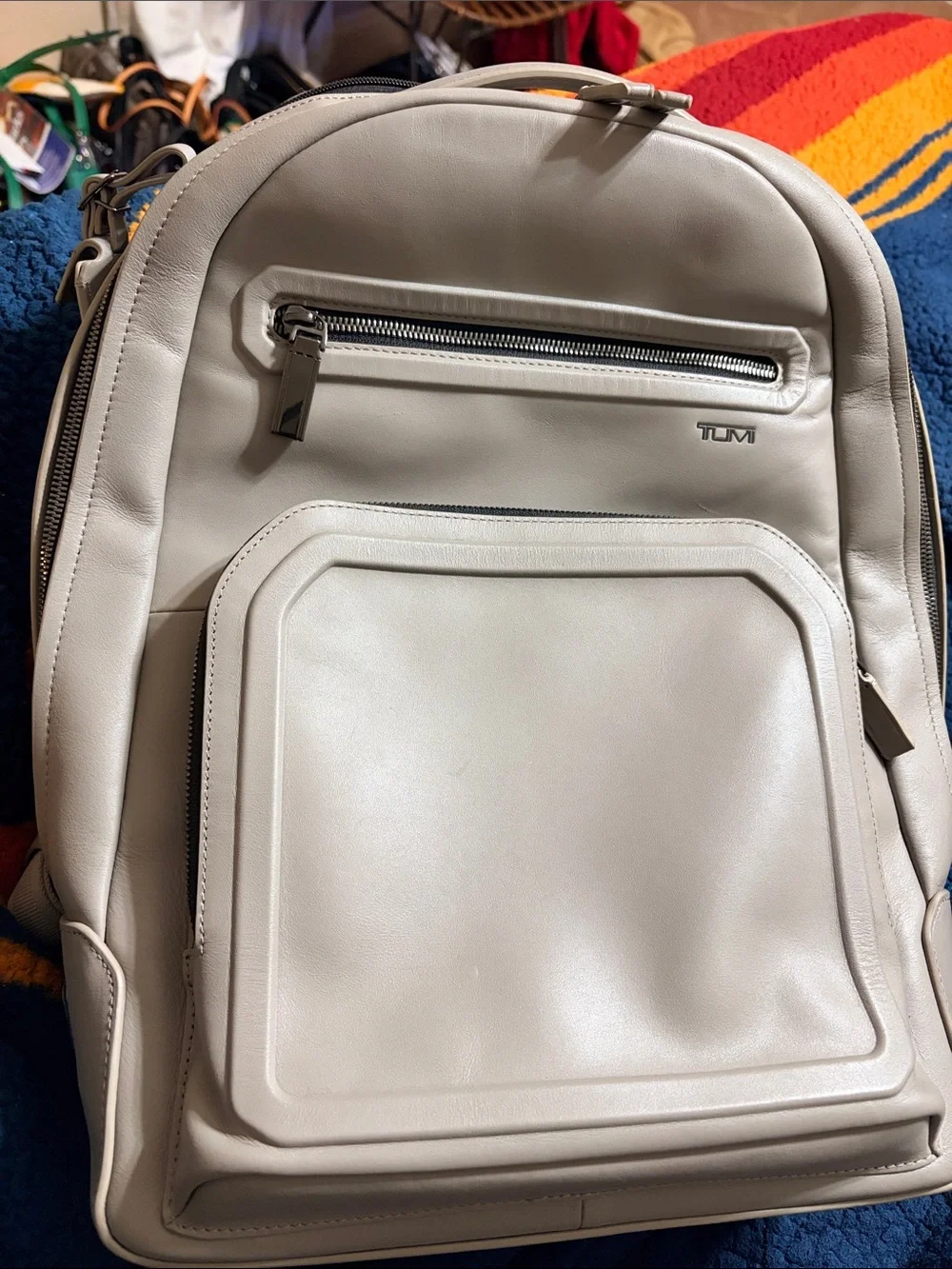 Tumi Cream Leather Men’s Backpack with Front Pocket - Harrison Warren